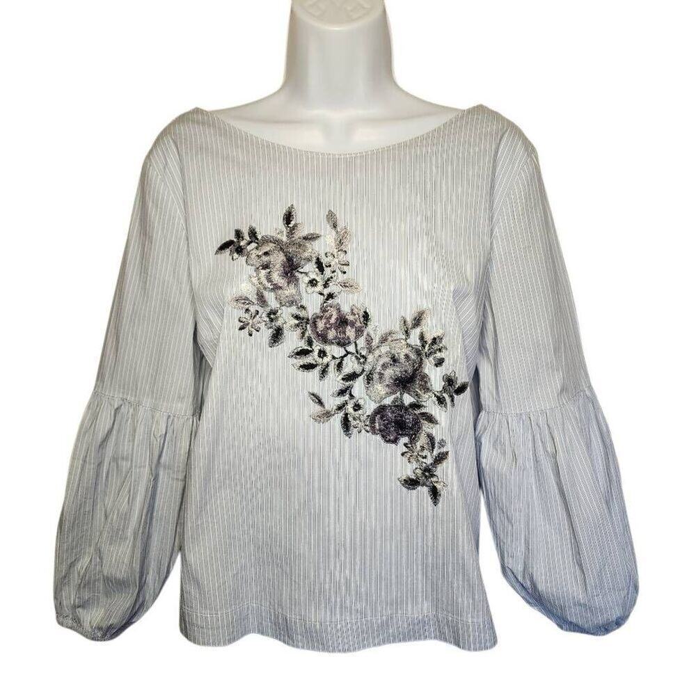 White House Black Market Women Tops, Pinstripe Floral Embroidery Blouse, Sz 10
